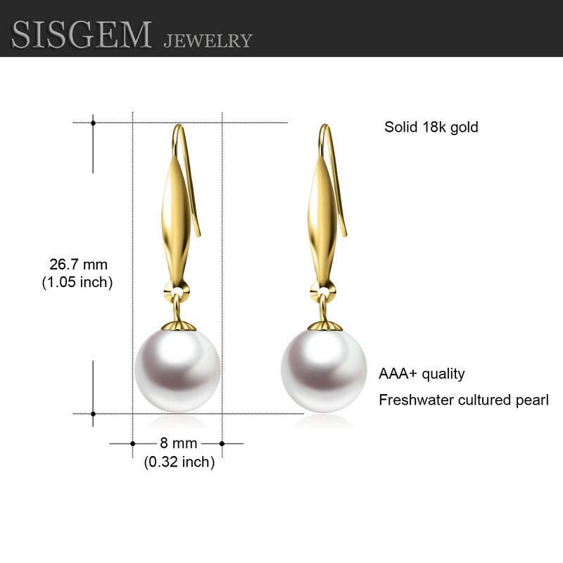 SISGEM 18k Real Yellow Gold Dangle Earrings for Women, Cultured Freshwater Pearl Drop Earring, 8mm (yellow-gold) - Image 2